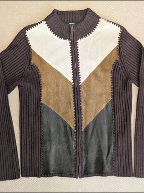Vintage Designers Studio Originals Leather Suede Knit Patchwork Zip Up Sweater